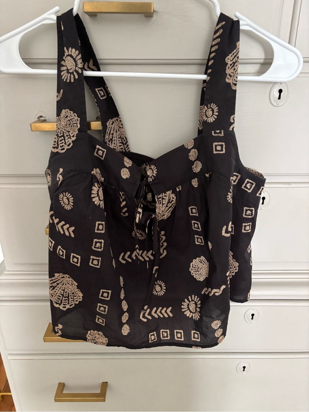 Rails Blythe Black Tank Top with Tan Shell Tribal Print and Front Tie